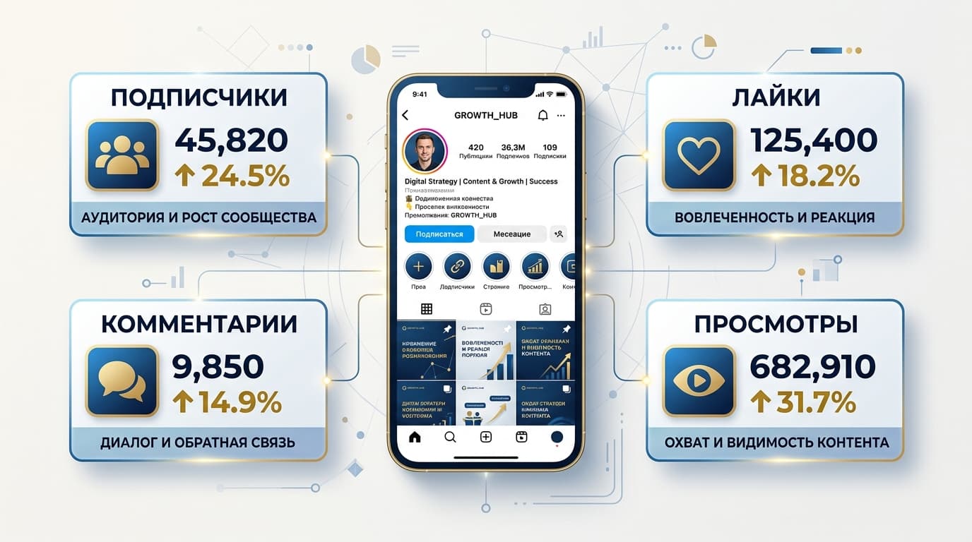 Накрутка инстаграм — метрики профиля: подписчики, лайки, просмотры, комментарии