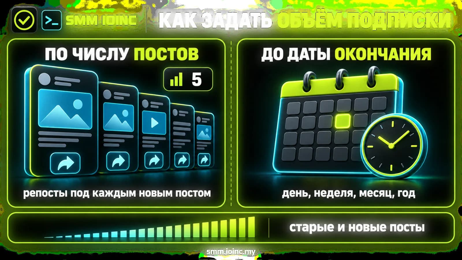 Накрутка репостов телеграм авто — инфографика: два способа задать объём подписки, по числу будущих постов и до даты окончания